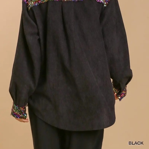 New Umgee Sequin Button Down Front Jacket Collar Flannel Top Shacket Bling Black - Picture 7 of 8